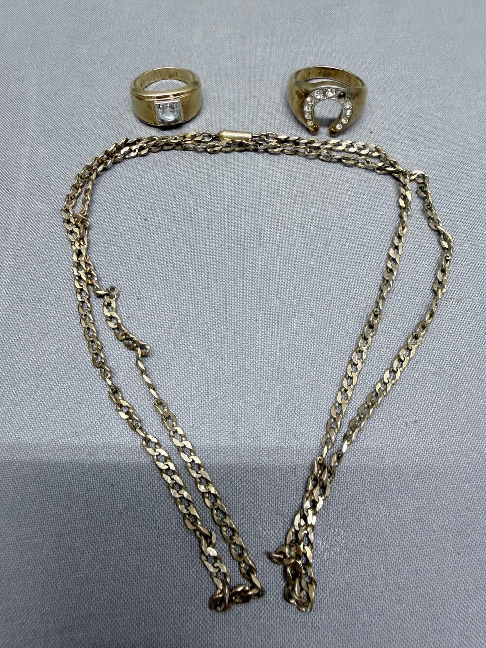 Vintage Gold Plated Jewelry Lot - 14K & 18K HGE Rings + Flat Curb Chain